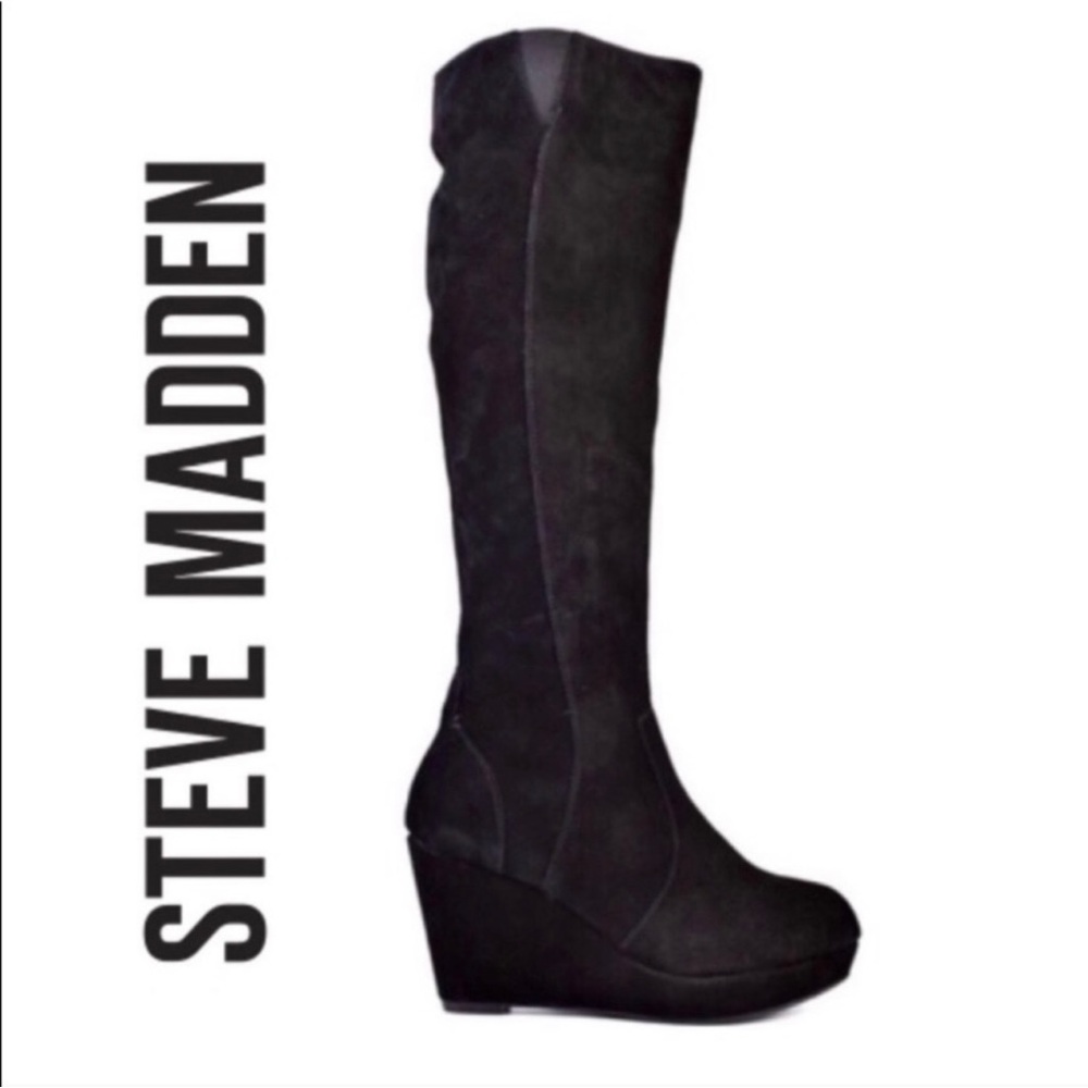 Steve Madden Real Suede Leather Women's Charcoal Grey Knee High Wedge Boots
